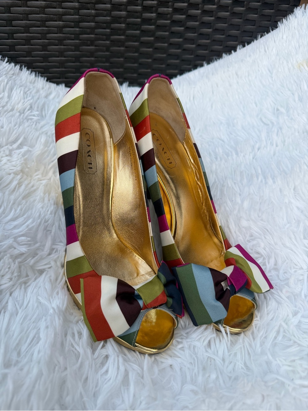 Coach Striped Multicolor Peep-Toe Heels with Bow